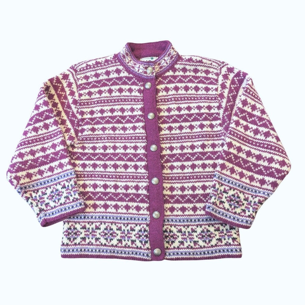 LL Bean Girls Fair Isle Wool Cardigan Sweater Purple Medium USA Cottagecore Vtg